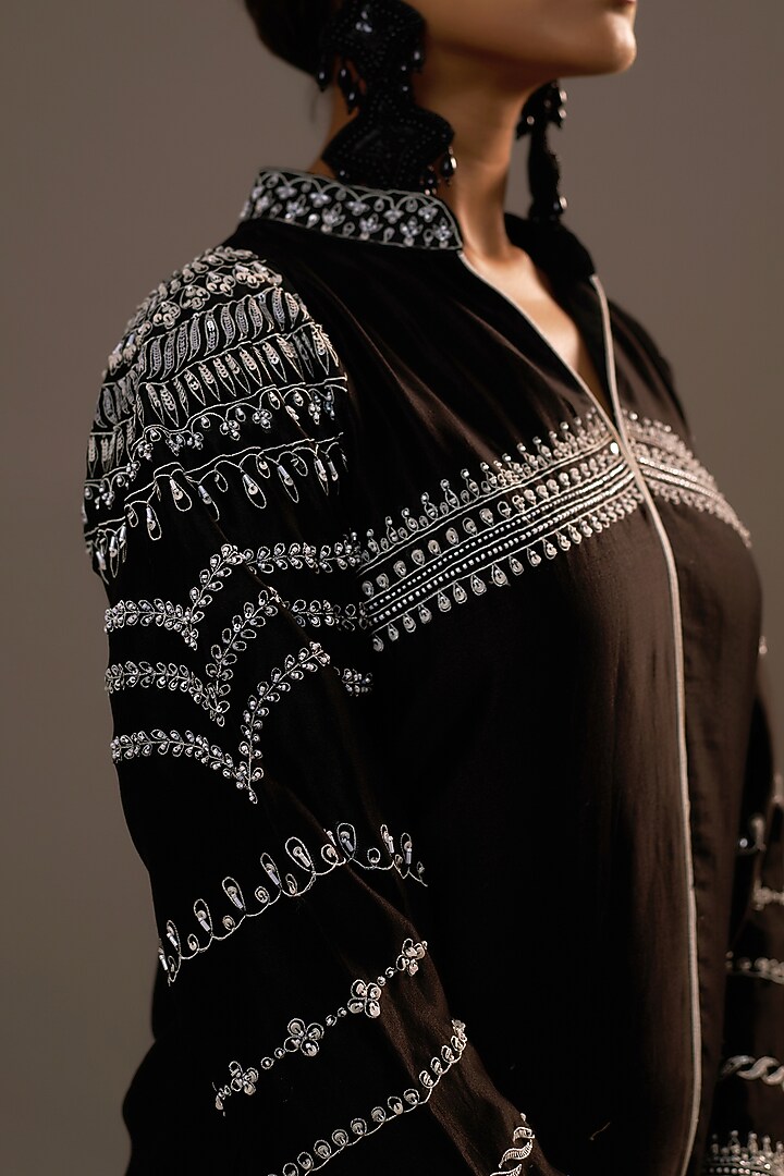 Black Summer Silk Sequins Hand & Machine Embroidered Co-Ord Set by Sonia Khatri at Pernia's Pop Up Shop