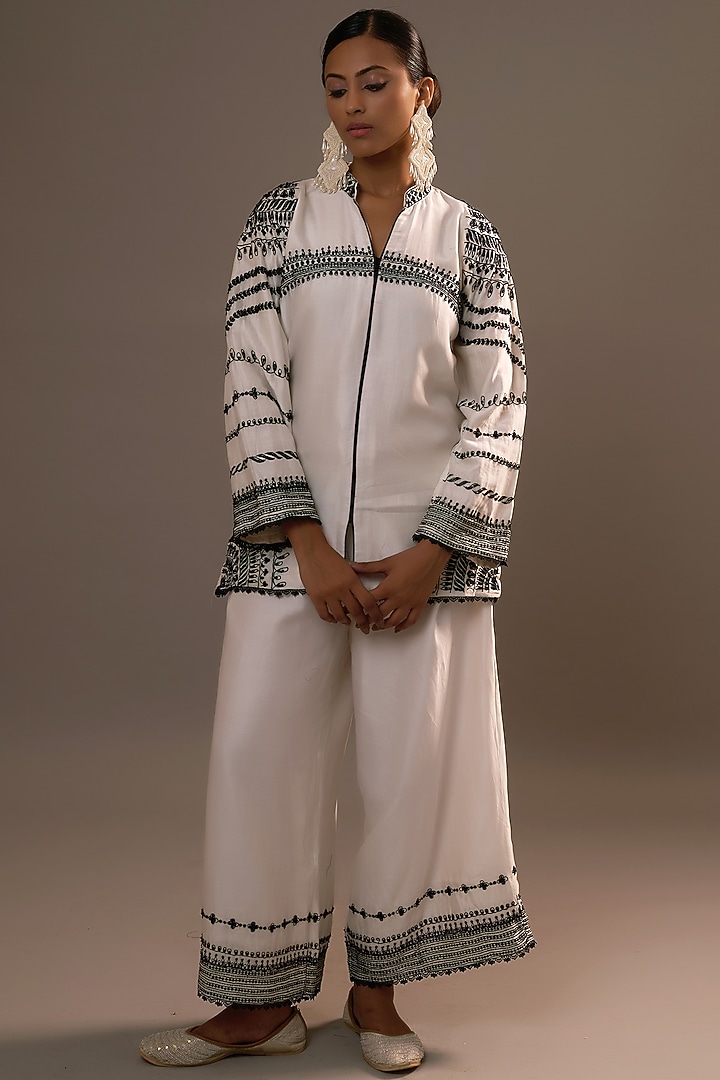 White Summer Silk Sequins Hand & Machine Embroidered Co-Ord Set by Sonia Khatri at Pernia's Pop Up Shop