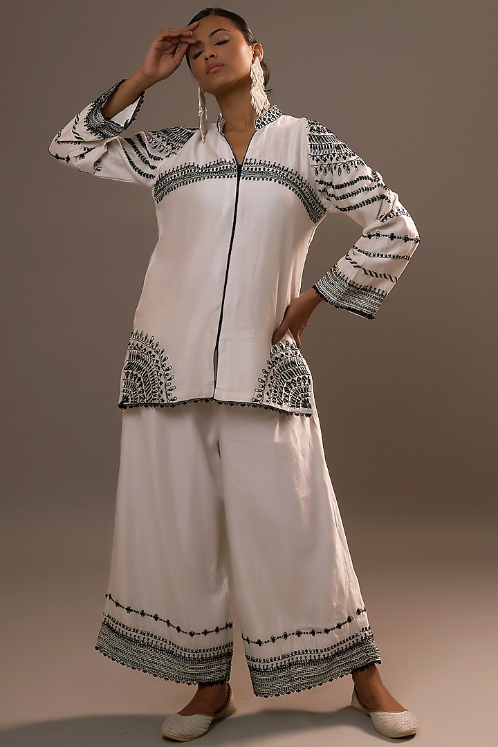 White Summer Silk Sequins Hand & Machine Embroidered Co-Ord Set by Sonia Khatri at Pernia's Pop Up Shop