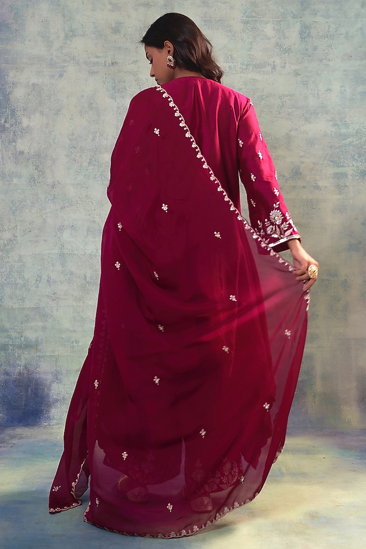 Wine Summer Silk Cutdana Hand Embroidered Kurta Set by Sonia Khatri at Pernia's Pop Up Shop