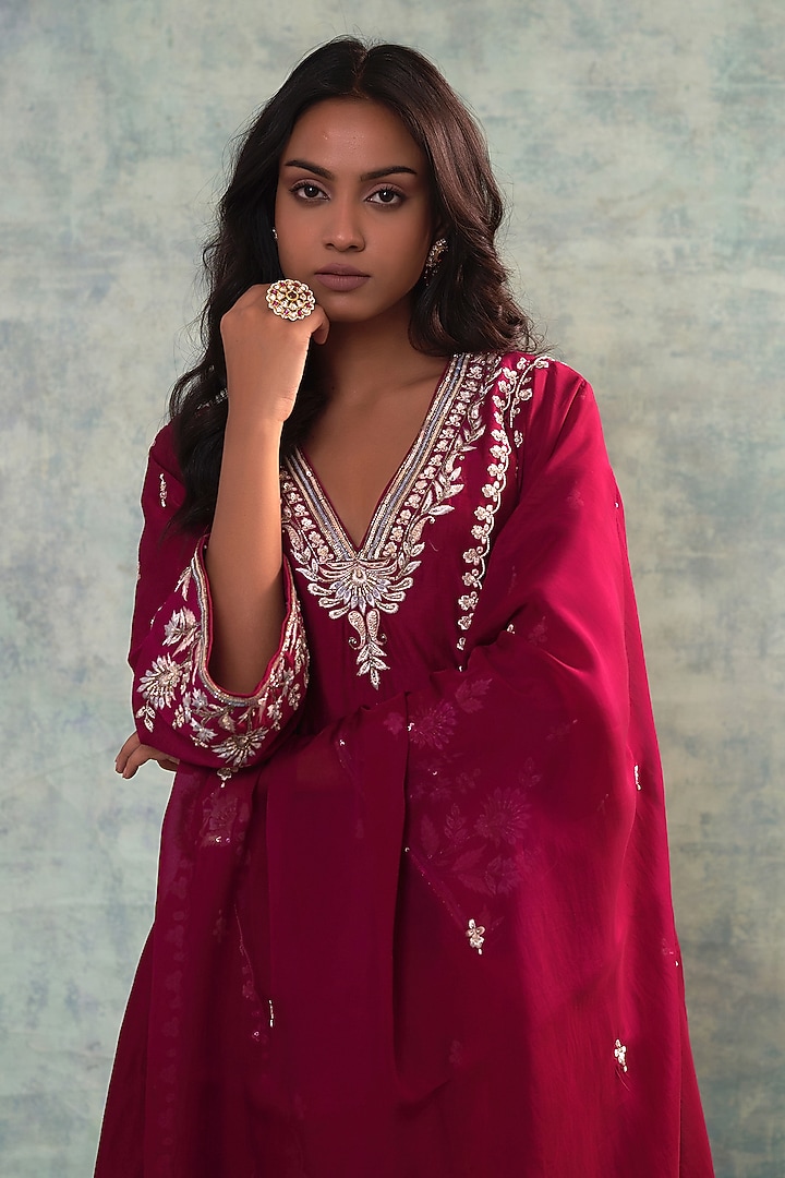 Wine Summer Silk Cutdana Hand Embroidered Kurta Set by Sonia Khatri at Pernia's Pop Up Shop