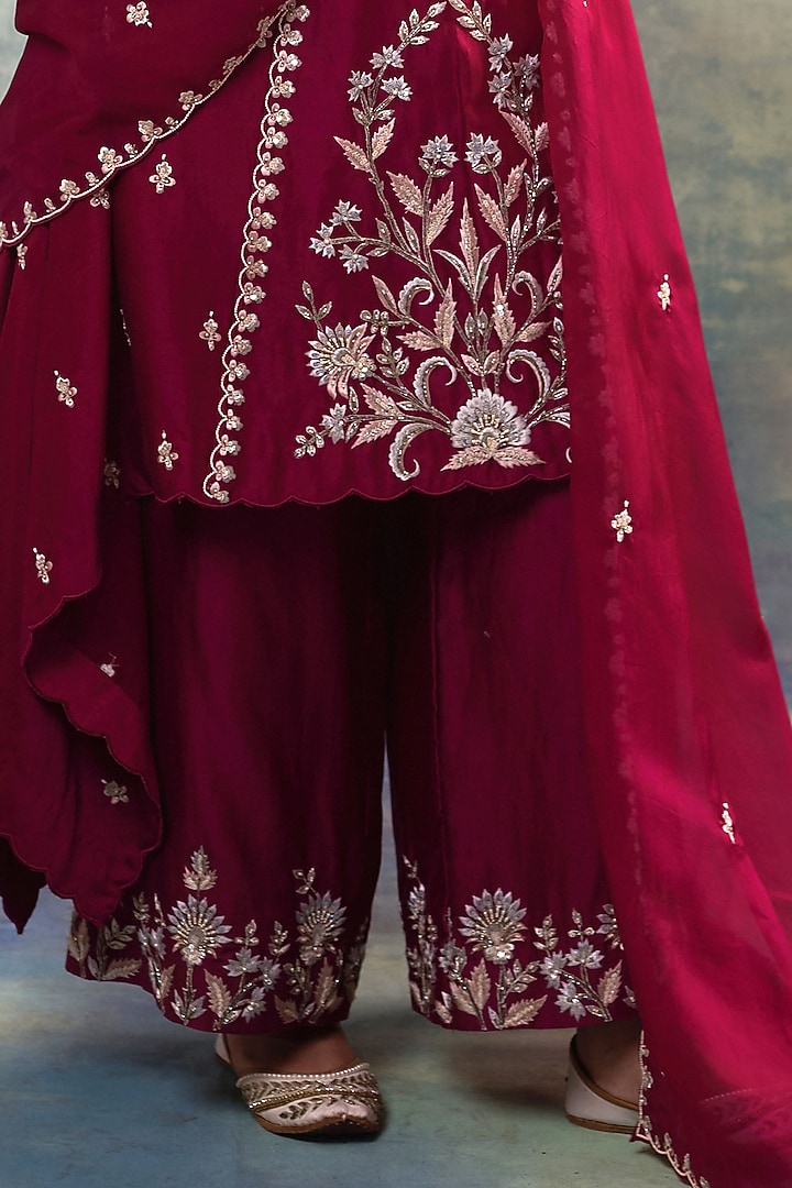 Wine Summer Silk Cutdana Hand Embroidered Kurta Set by Sonia Khatri at Pernia's Pop Up Shop