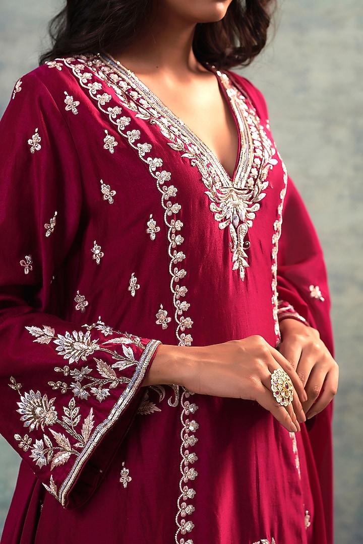 Wine Summer Silk Cutdana Hand Embroidered Kurta Set by Sonia Khatri at Pernia's Pop Up Shop