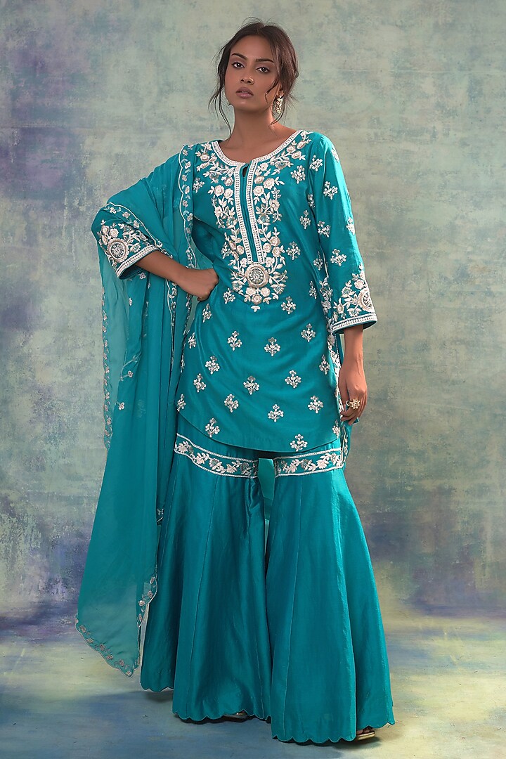 Teal Summer Silk Gharara Set by Sonia Khatri at Pernia's Pop Up Shop