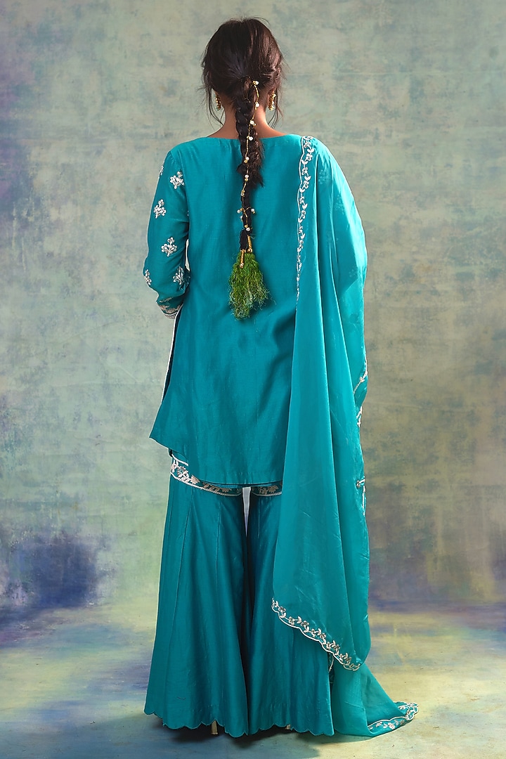 Teal Summer Silk Gharara Set by Sonia Khatri at Pernia's Pop Up Shop
