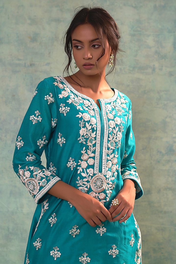 Teal Summer Silk Gharara Set by Sonia Khatri at Pernia's Pop Up Shop