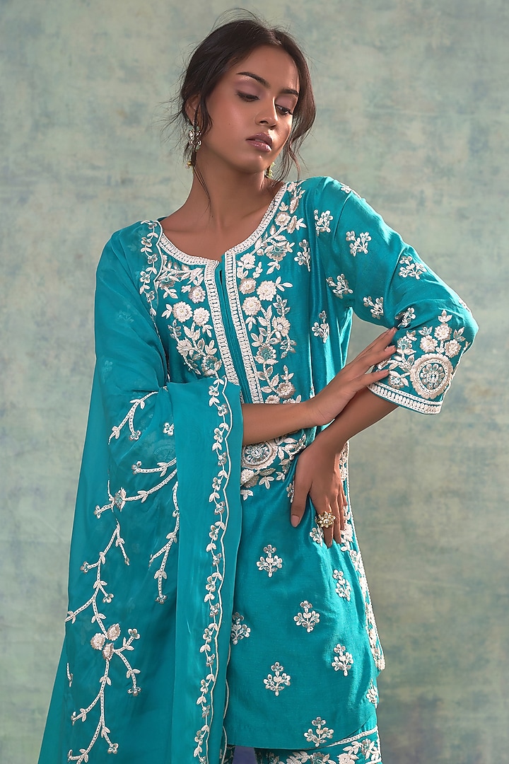 Teal Summer Silk Gharara Set by Sonia Khatri at Pernia's Pop Up Shop