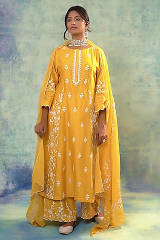 Yellow Summer Silk Cutdana Hand Embroidered Kurta Set by Sonia Khatri