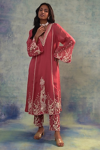 Pink Organza Applique Hand Embroidered Kurta Set by Sonia Khatri