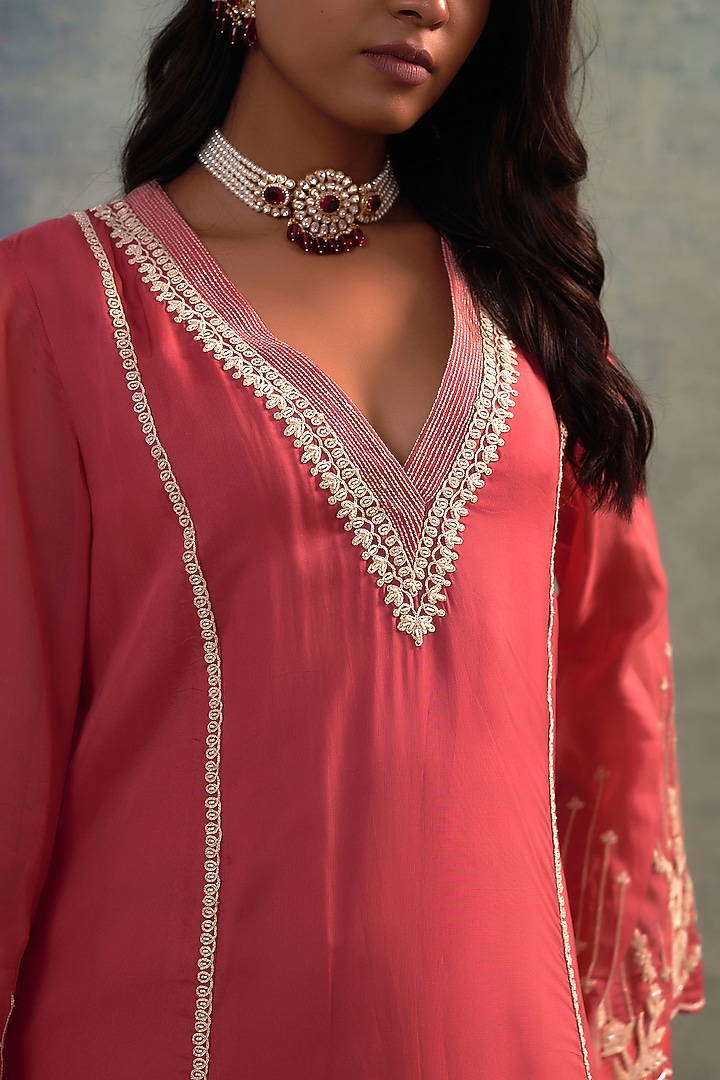 Pink Organza Applique Hand Embroidered Kurta Set by Sonia Khatri at Pernia's Pop Up Shop