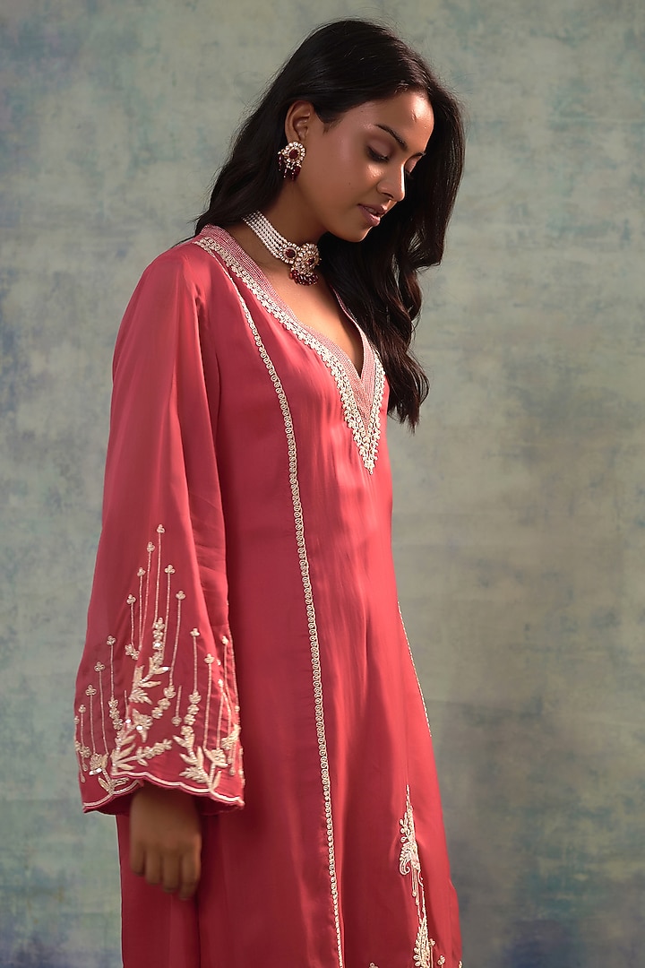 Pink Organza Applique Hand Embroidered Kurta Set by Sonia Khatri at Pernia's Pop Up Shop