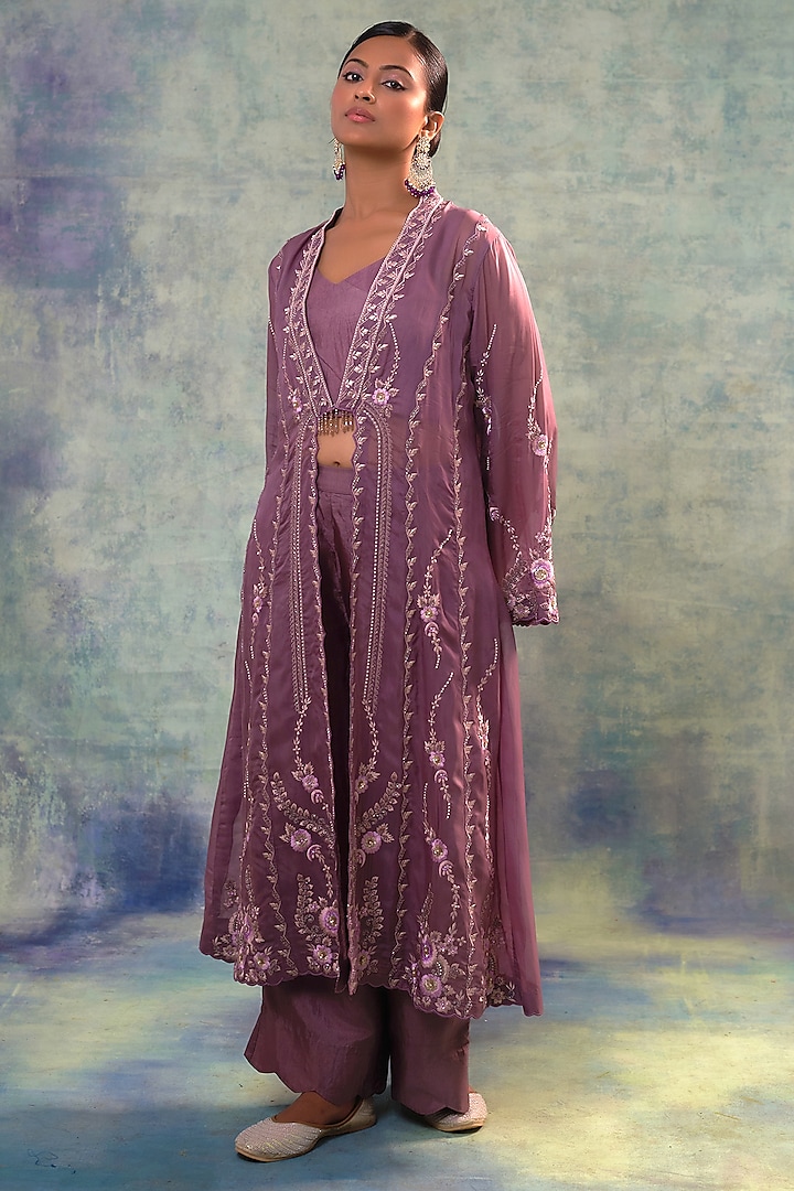 Mauve Organza Sequins Hand Embroidered Jacket Set by Sonia Khatri at Pernia's Pop Up Shop