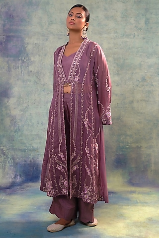 Mauve Organza Sequins Hand Embroidered Jacket Set by Sonia Khatri