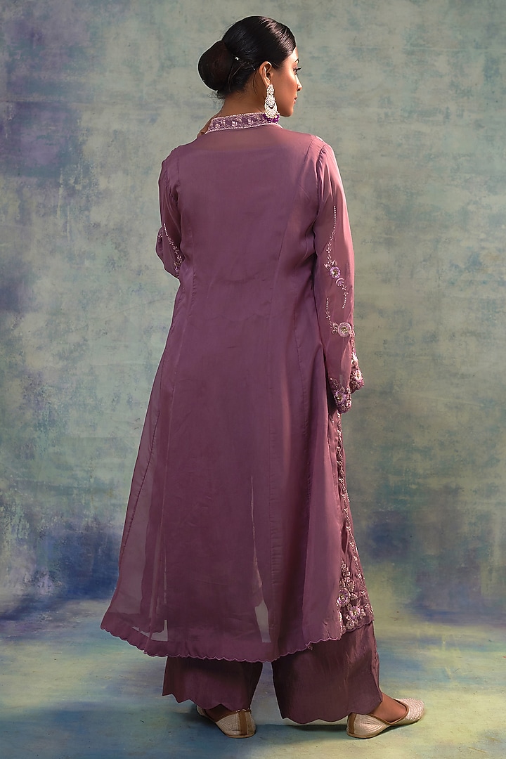 Mauve Organza Sequins Hand Embroidered Jacket Set by Sonia Khatri at Pernia's Pop Up Shop