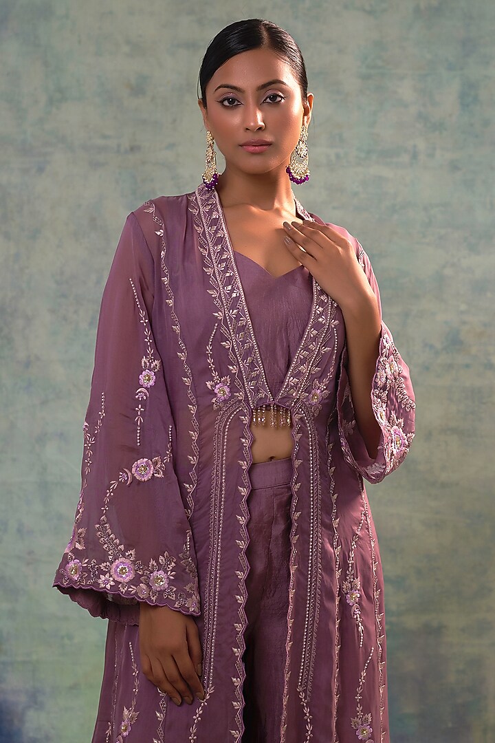 Mauve Organza Sequins Hand Embroidered Jacket Set by Sonia Khatri at Pernia's Pop Up Shop