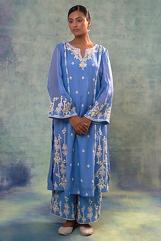 Blue Organza Applique Hand Embroidered Kurta Set by Sonia Khatri