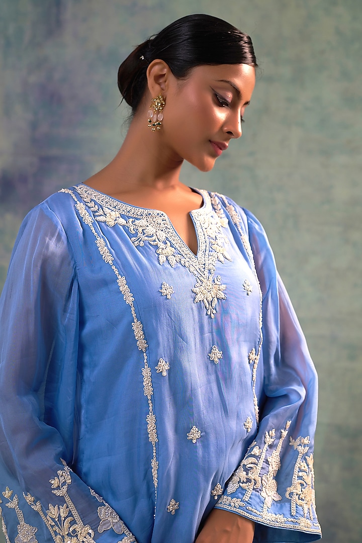 Blue Organza Applique Hand Embroidered Kurta Set by Sonia Khatri at Pernia's Pop Up Shop