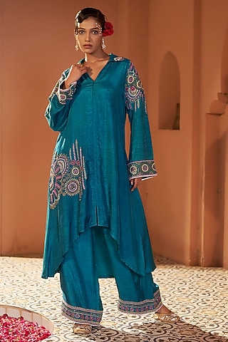 Teal Blue Silk Dori Hand Embroidered Kurta Set by Sonia Khatri