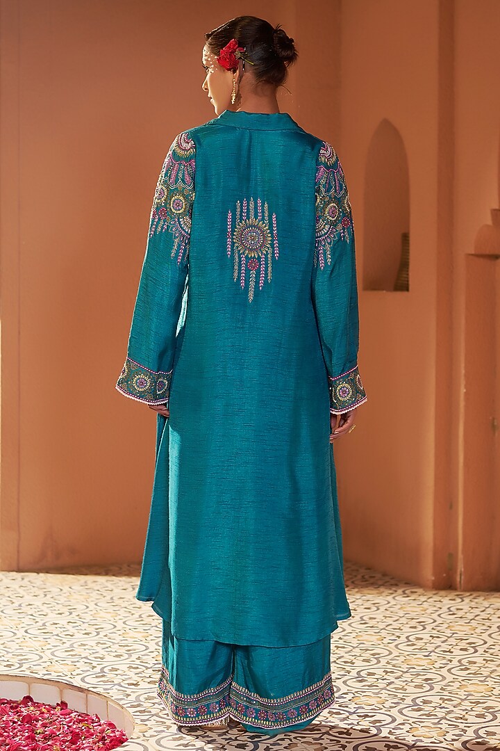 Teal Blue Silk Dori Hand Embroidered Kurta Set by Sonia Khatri at Pernia's Pop Up Shop