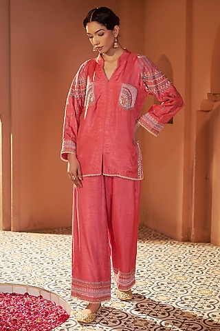 Pastel Red Silk Dori Hand Embroidered Co-Ord Set by Sonia Khatri