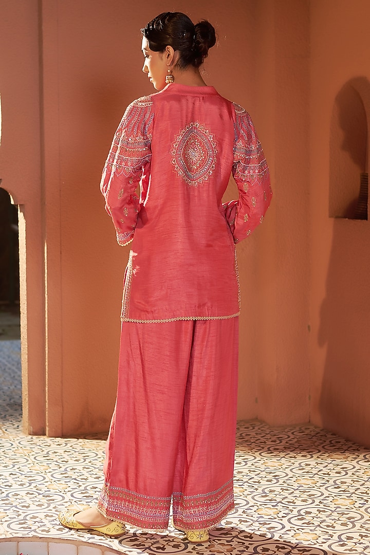 Pastel Red Silk Dori Hand Embroidered Co-Ord Set by Sonia Khatri at Pernia's Pop Up Shop
