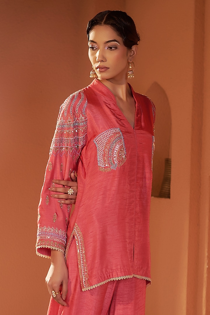 Pastel Red Silk Dori Hand Embroidered Co-Ord Set by Sonia Khatri at Pernia's Pop Up Shop