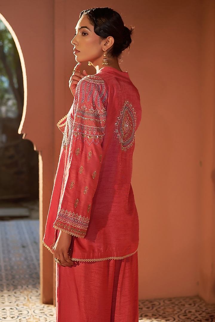 Pastel Red Silk Dori Hand Embroidered Co-Ord Set by Sonia Khatri at Pernia's Pop Up Shop