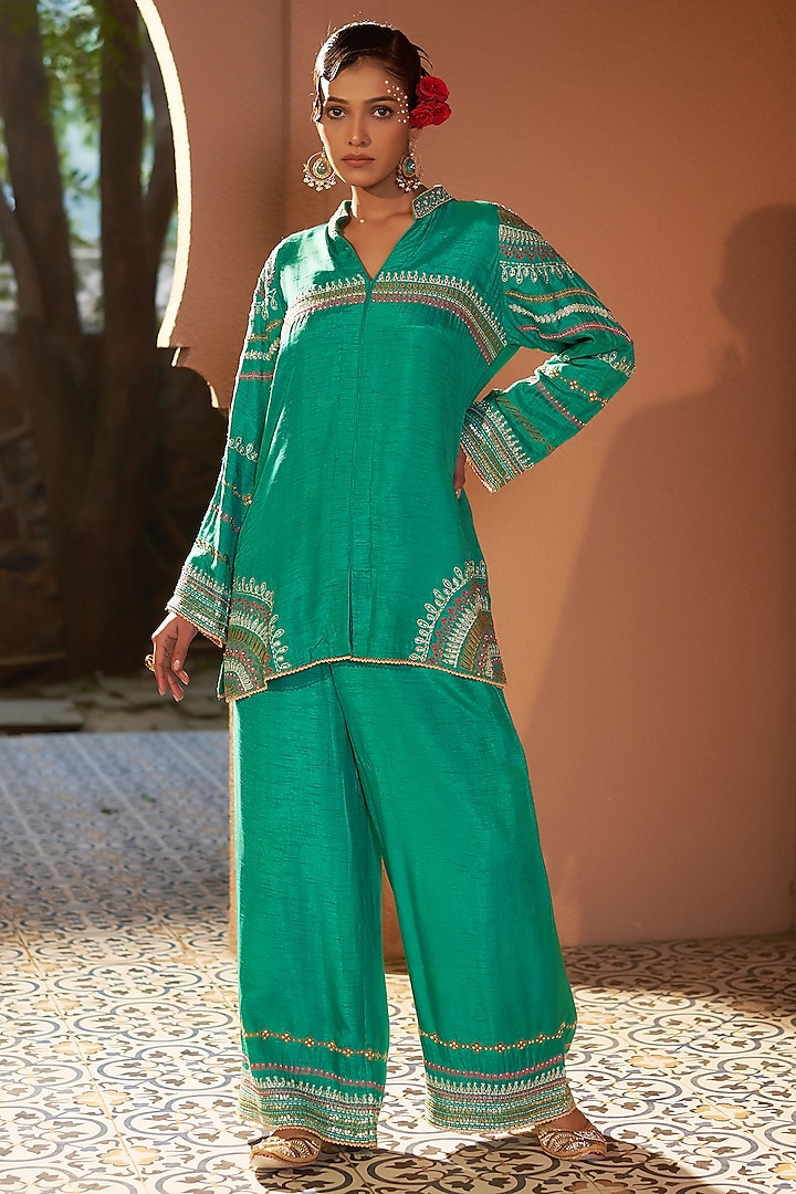 Sea Green Silk Dori Hand Embroidered Co-Ord Set by Sonia Khatri at Pernia's Pop Up Shop