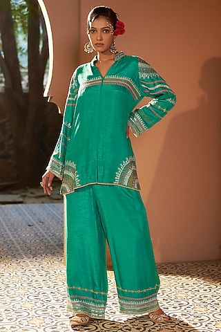 Sea Green Silk Dori Hand Embroidered Co-Ord Set by Sonia Khatri