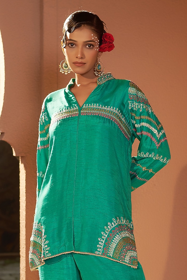 Sea Green Silk Dori Hand Embroidered Co-Ord Set by Sonia Khatri at Pernia's Pop Up Shop