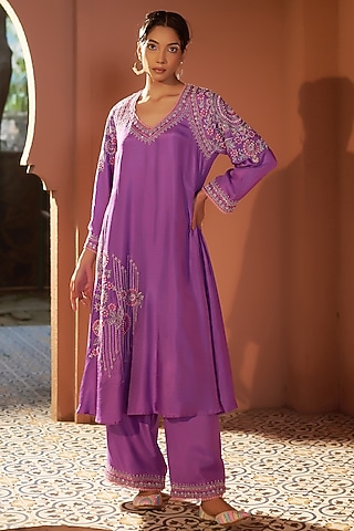 Purple Silk Dori Work Kurta Set by Sonia Khatri