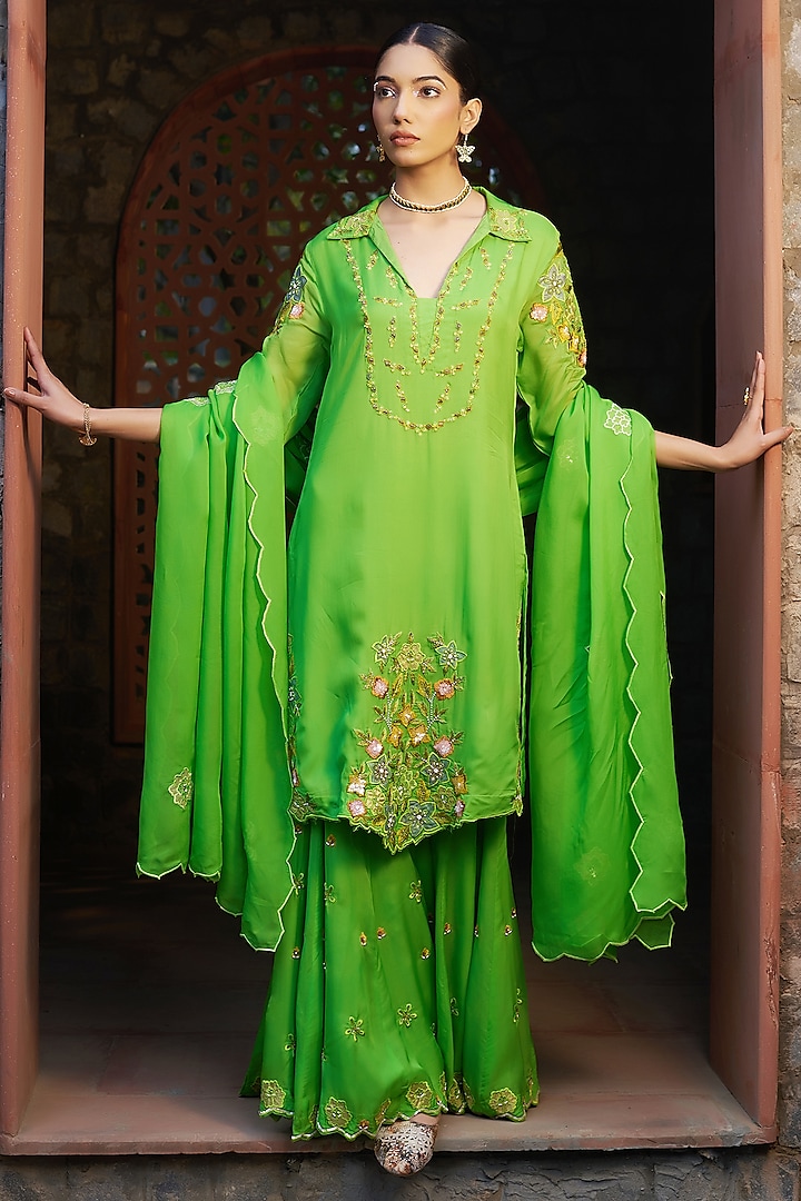 Green Organza Hand & Machine Embroidered Sharara Set by Sonia Khatri at Pernia's Pop Up Shop