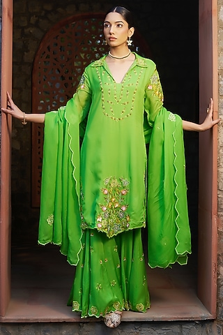 Green Organza Hand & Machine Embroidered Sharara Set by Sonia Khatri