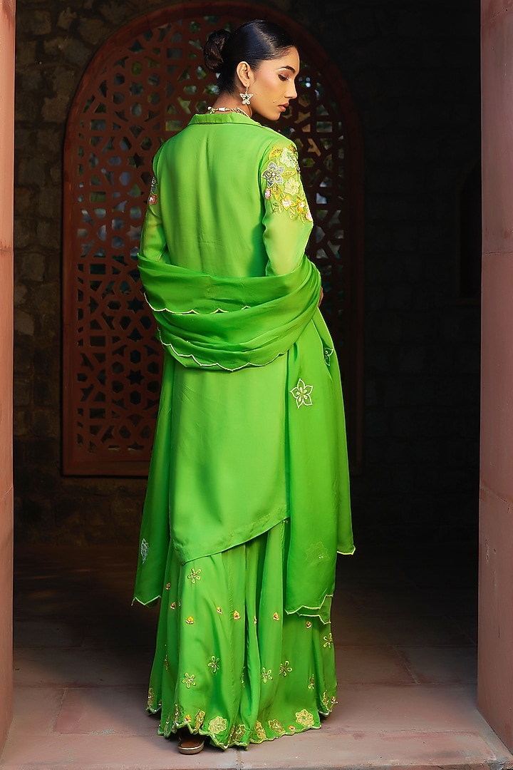 Green Organza Hand & Machine Embroidered Wedding Sharara Set by Sonia Khatri at Pernia's Pop Up Shop