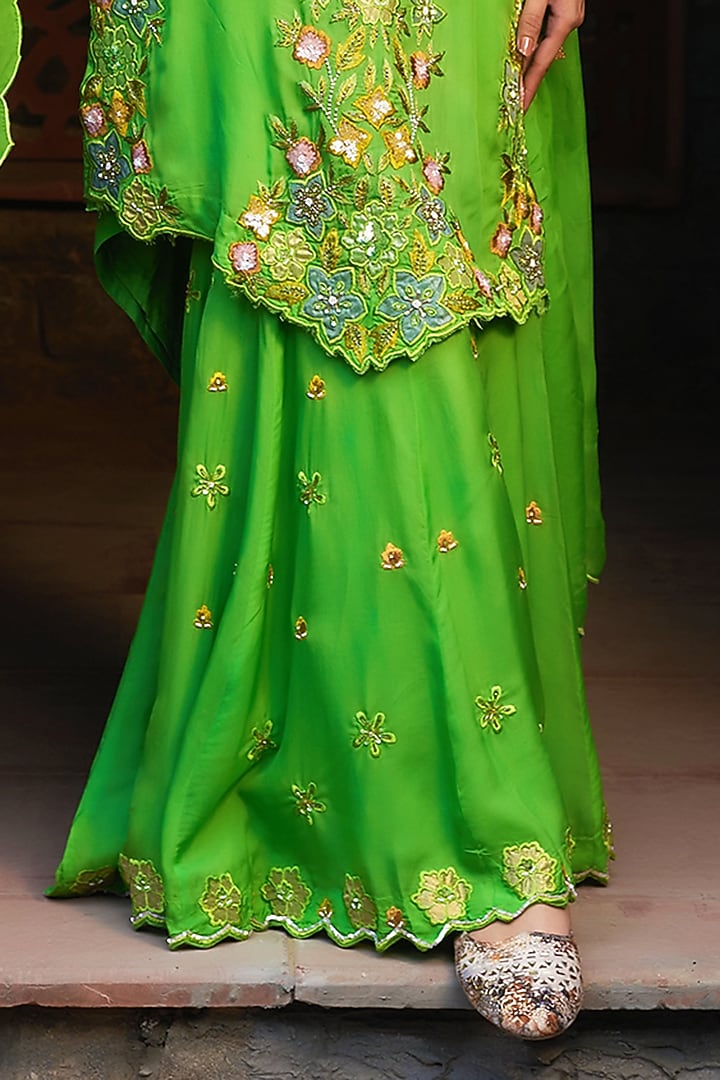 Green Organza Hand & Machine Embroidered Wedding Sharara Set by Sonia Khatri at Pernia's Pop Up Shop