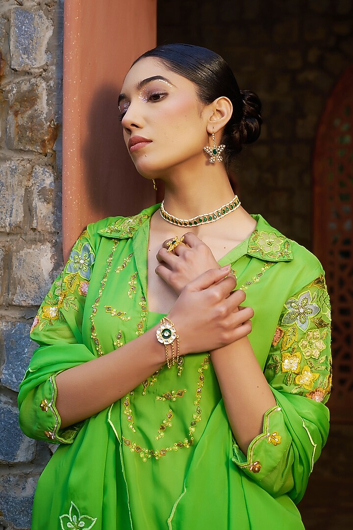 Green Organza Hand & Machine Embroidered Wedding Sharara Set by Sonia Khatri at Pernia's Pop Up Shop