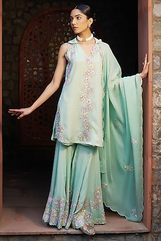 Green Organza Embroidered Sharara Set by Sonia Khatri