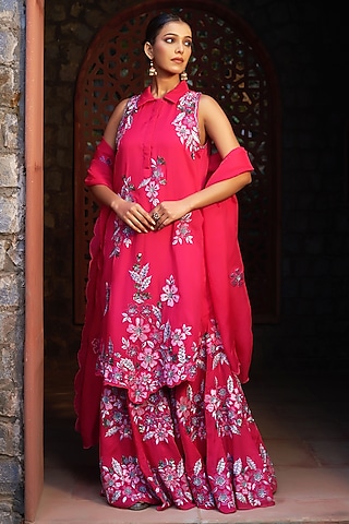 Red Organza Embroidered Sharara Set by Sonia Khatri