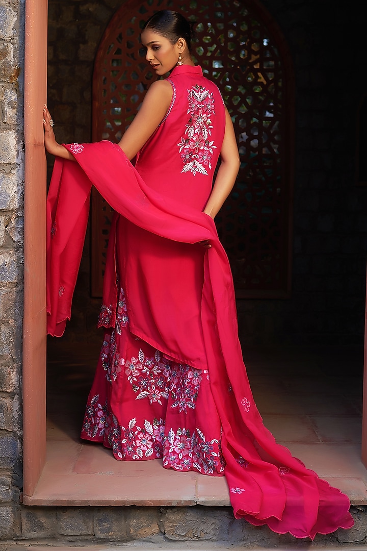Red Organza Embroidered Wedding Sharara Set by Sonia Khatri at Pernia's Pop Up Shop