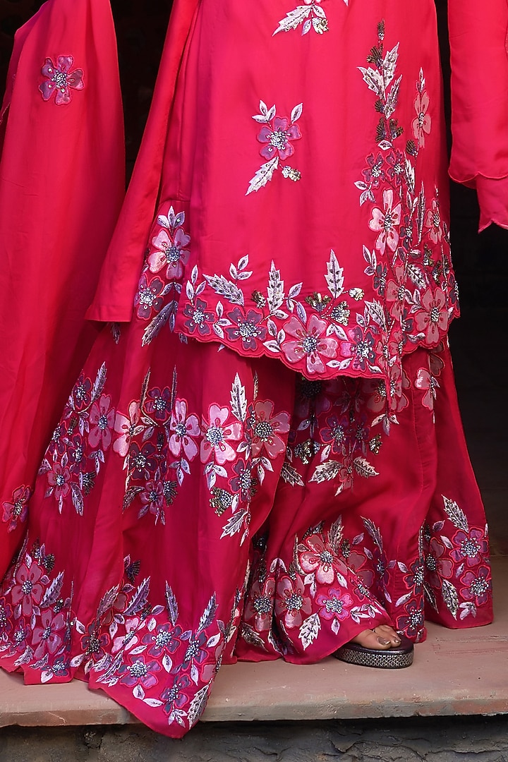 Red Organza Embroidered Wedding Sharara Set by Sonia Khatri at Pernia's Pop Up Shop