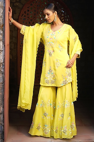 Marigold Yellow Organza Embroidered Sharara Set by Sonia Khatri