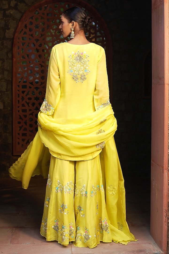 Marigold Yellow Organza Embroidered Wedding Sharara Set by Sonia Khatri at Pernia's Pop Up Shop