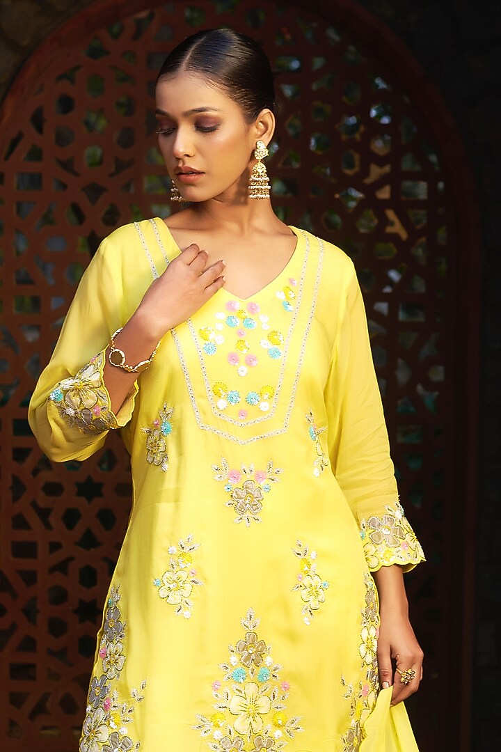 Marigold Yellow Organza Embroidered Wedding Sharara Set by Sonia Khatri at Pernia's Pop Up Shop