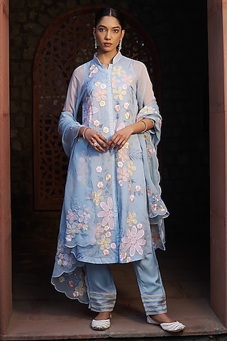 Blue Organza Embroidered Kurta Set by Sonia Khatri