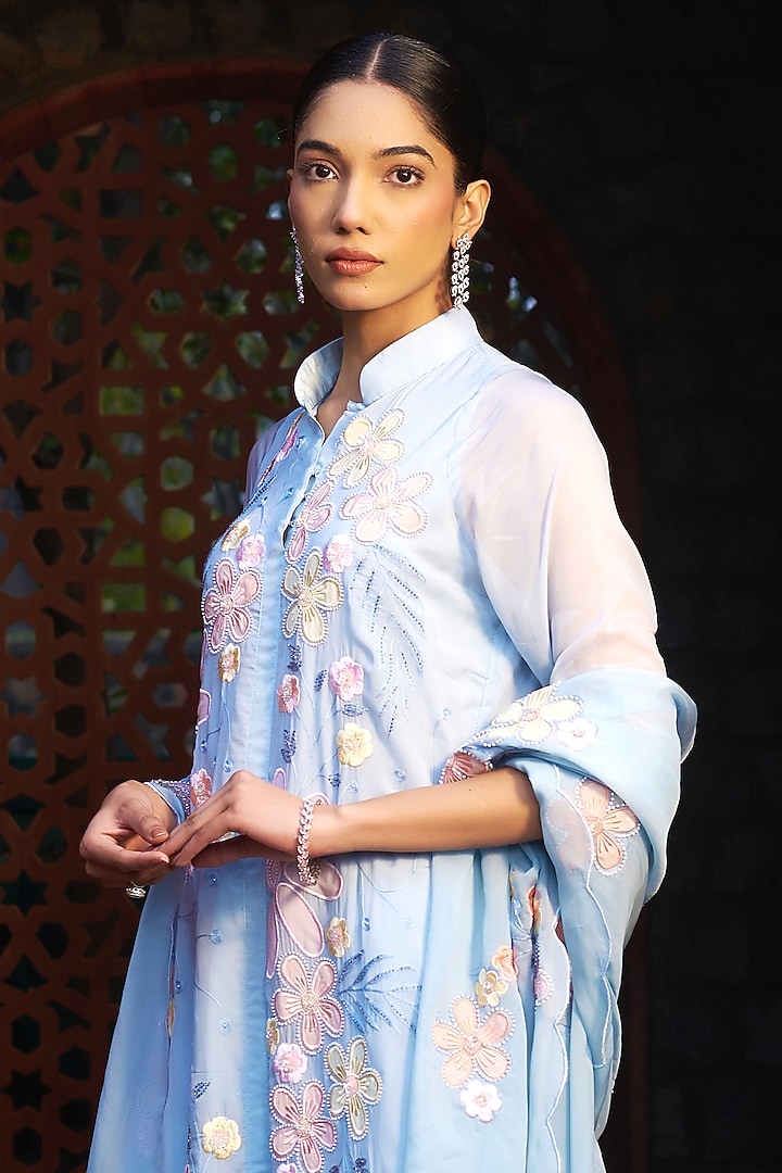 Blue Organza Embroidered Kurta Set by Sonia Khatri at Pernia's Pop Up Shop