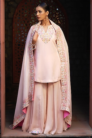 Pale Pink Organza Hand & Machine Embroidered Kurta Set by Sonia Khatri