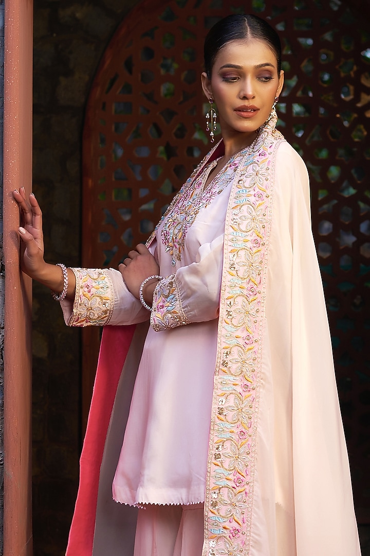 Pale Pink Organza Hand & Machine Embroidered Kurta Set by Sonia Khatri at Pernia's Pop Up Shop