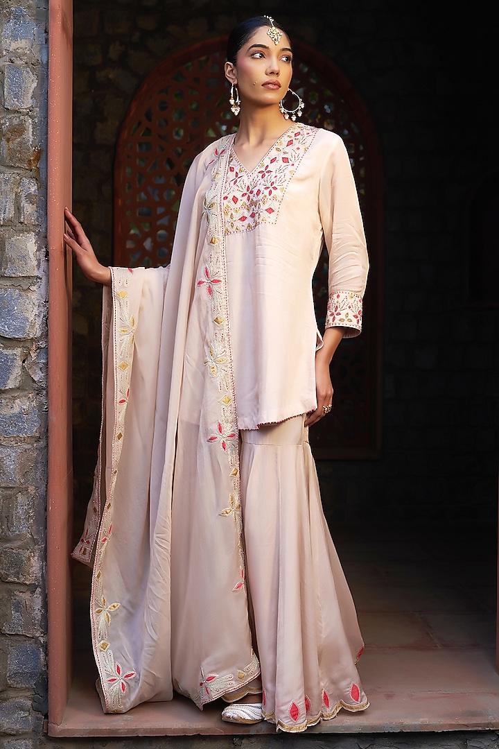 Peach Organza Embroidered Sharara Set by Sonia Khatri at Pernia's Pop Up Shop