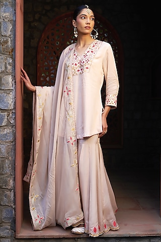 Peach Organza Embroidered Sharara Set by Sonia Khatri
