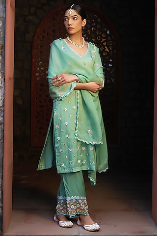 Teal Grey Organza Embroidered Kurta Set by Sonia Khatri
